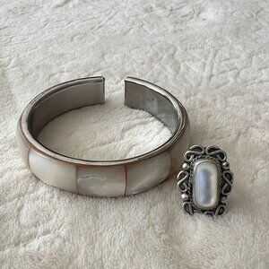 Vintage Mother of Pearl and Silver Bangle and Ring Size 7